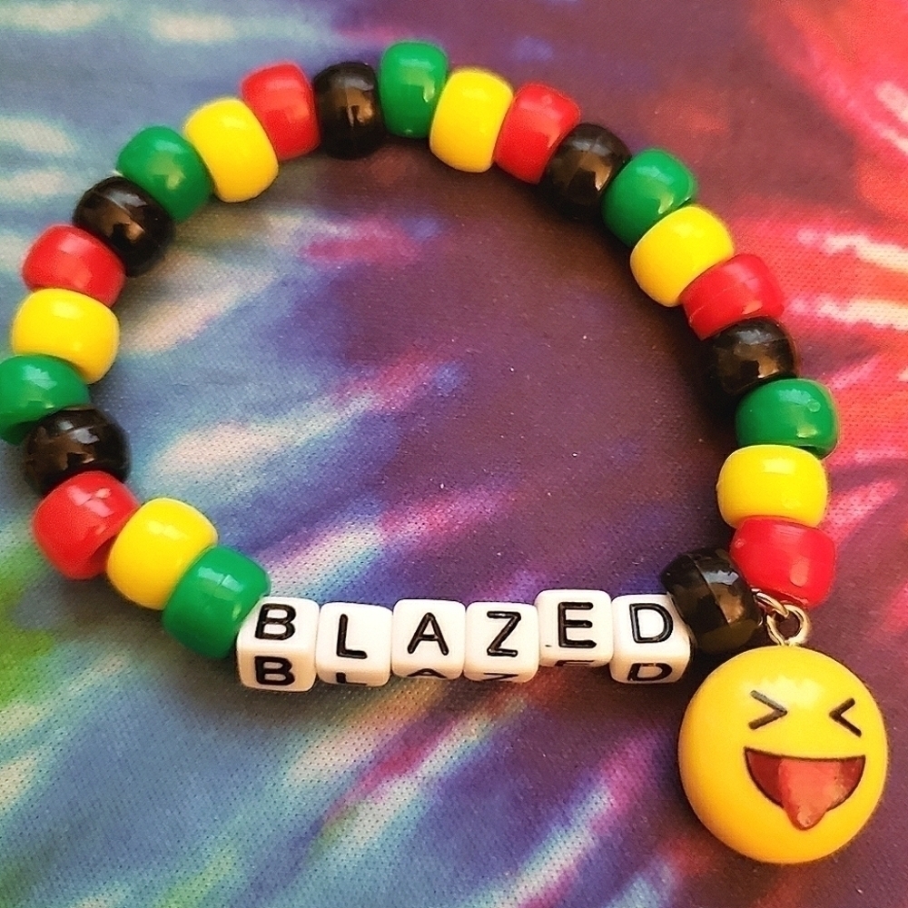 Handmade Black Red Yellow Green Rasta Blazed Emoji Charm Kandi Bracelet